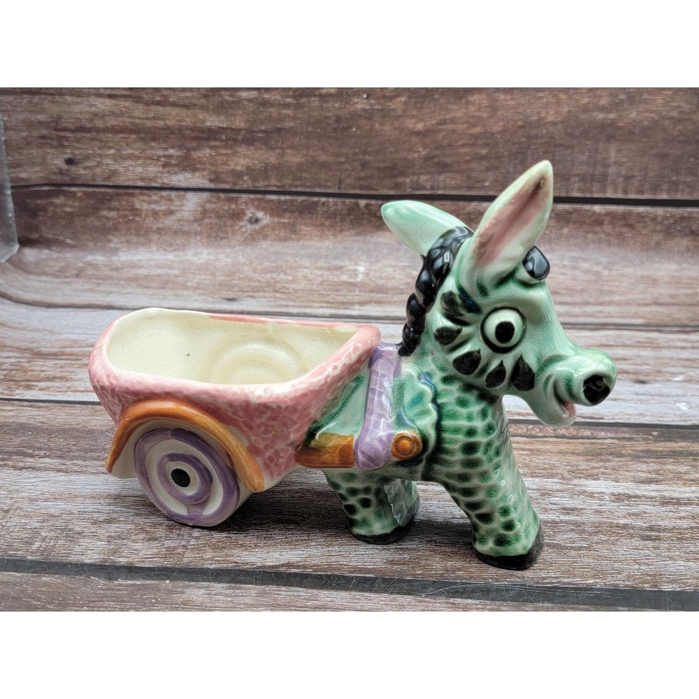 Adorable Japanese pottery donkey with cart - repaired